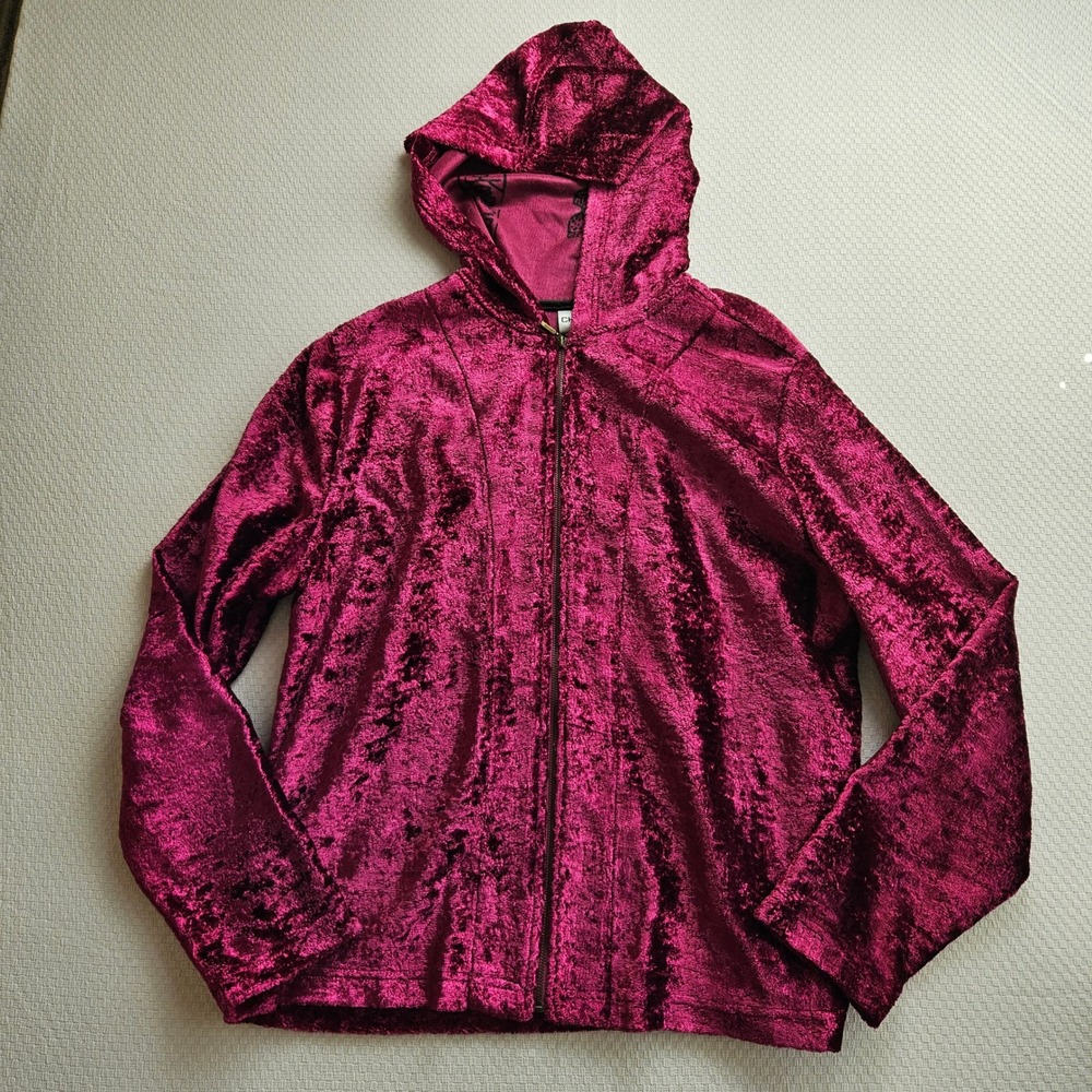 Chico's Size 2 Large Magenta Pink Crushed Velvet Full Zip Hoodie Jacket